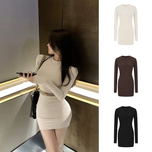 MosesQueen魔西女王黑色长袖连衣裙紧身掐腰辣妹包臀裙打底短裙