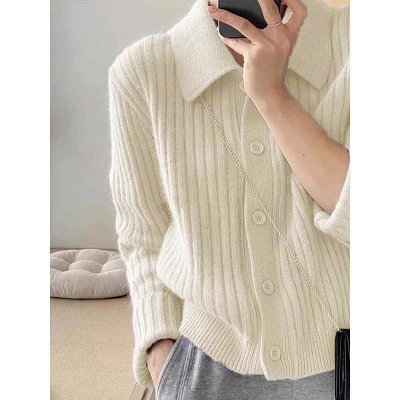 MosesQueen魔西女王翻领女针织复古风POLO领秋冬短款洋气设计感