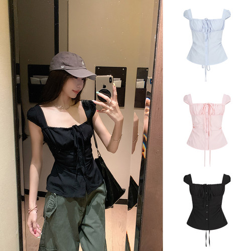 MosesQueen魔西女王黑色方领小飞袖短袖系带露背短款衬衫上衣女