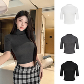 女高领辣妹露脐短款 t袖 内搭上衣 紧身短袖 MosesQueen魔西女王半袖