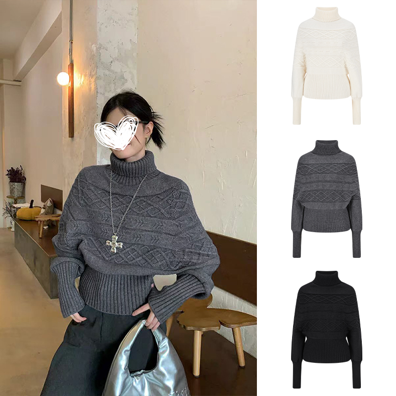 MosesQueen魔西女王慵懒绞花蝙蝠袖毛衣女高领收腰显瘦针织上衣