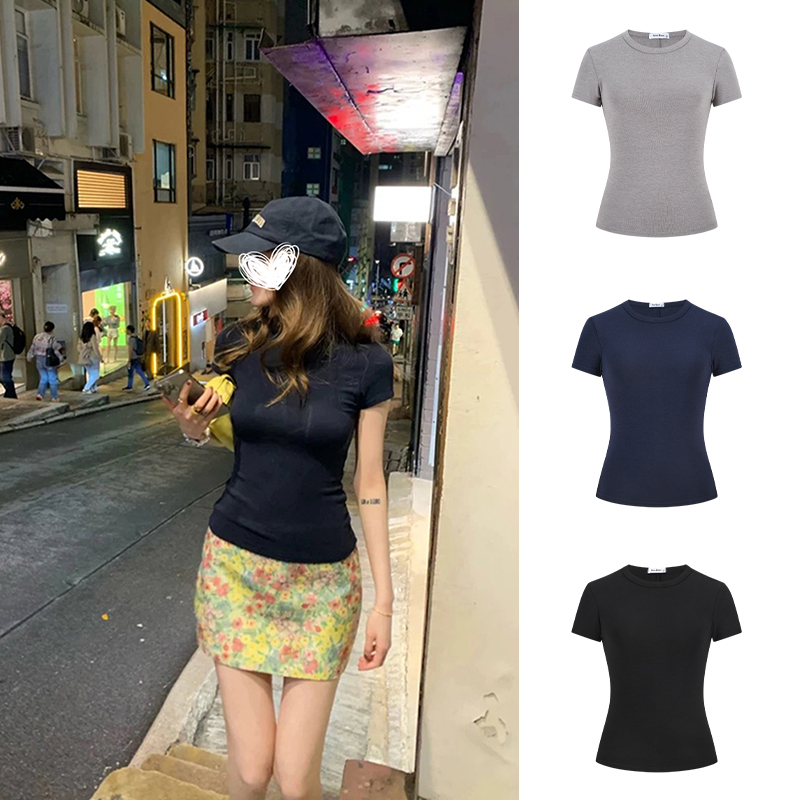 MosesQueen魔西女王黑色正肩短袖T恤2025夏季新款V领修身上衣女