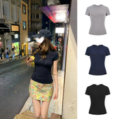 V领修身 新款 上衣女 T恤2025夏季 MosesQueen魔西女王黑色正肩短袖