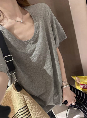 MosesQueen魔西女王灰色U领宽松短袖t恤夏季纯色薄款休闲上衣女