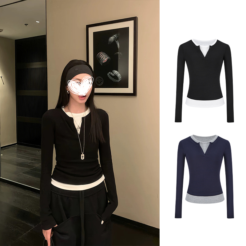 MosesQueen魔西女王撞色假两件长袖T恤秋季新款辣妹修身打底上衣
