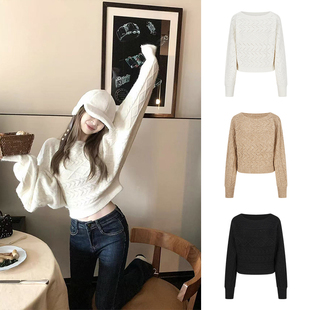 MosesQueen魔西女王白色蝙蝠袖麻花毛衣女秋冬短款宽松针织衫上衣