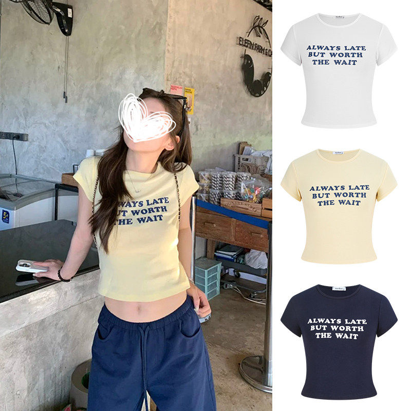 黄色字母印花短袖t恤正肩上衣女图片