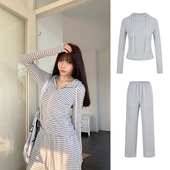 外套宽松阔腿长裤 MosesQueen魔西女王条纹休闲套装 女连帽卫衣开衫