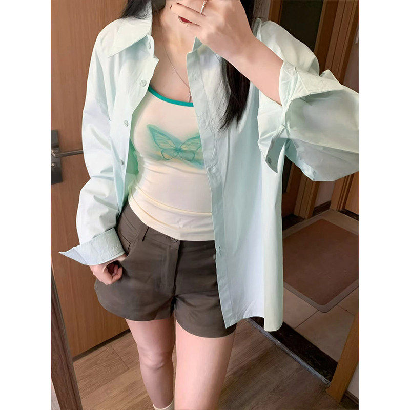 薄荷绿长袖衬衫女夏防晒宽松图片