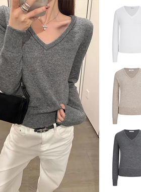 MosesQueen魔西女王米灰色v领毛衣女内搭打底衫软糯宽松针织上衣
