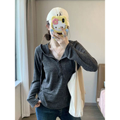 新款 MosesQueen魔西女王深灰半开领连帽长袖 女秋季 宽松休闲上衣