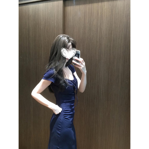 MosesQueen魔西女王气质收腰长裙方领显瘦系带连衣裙辣妹包臀短裙