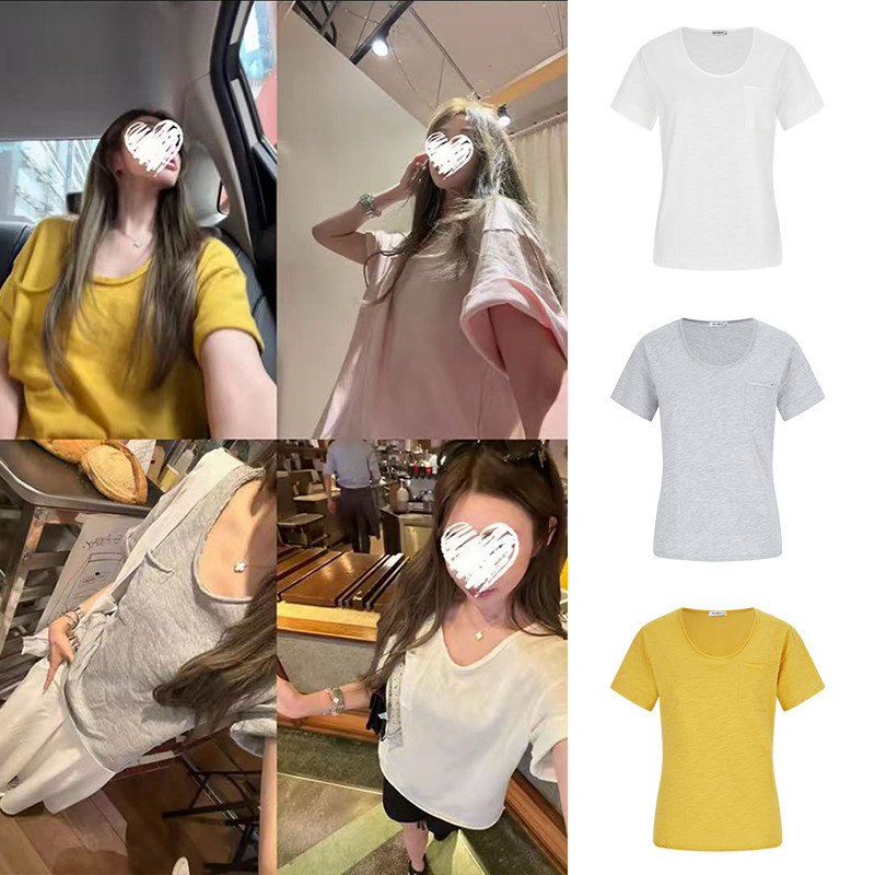 MosesQueen魔西女王夏季新款U领口袋短袖T恤黄色宽松百搭棉质上衣