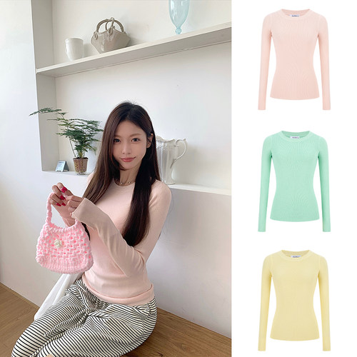 MosesQueen魔西女王螺纹圆领正肩针织衫女秋装休闲修身长袖上衣