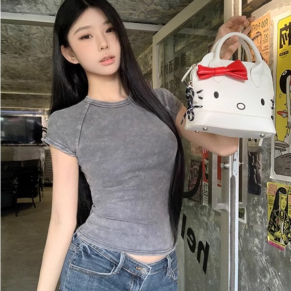 MosesQueen魔西女王美式复古短袖夏季新款明线水洗做旧显瘦T恤