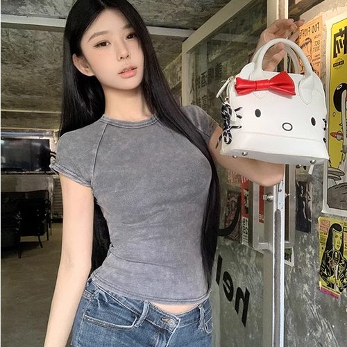 MosesQueen魔西女王美式复古短袖夏季新款明线水洗做旧显瘦T恤