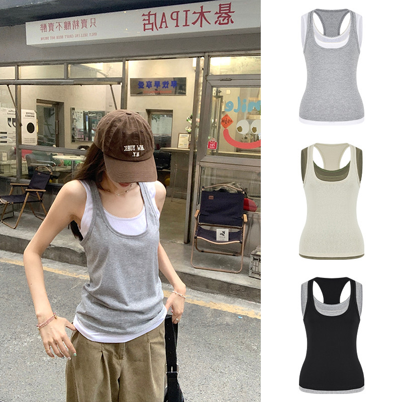 MosesQueen魔西女王慵懒风叠搭背心夏季新款撞色宽松辣妹无袖上衣图片