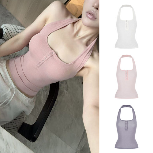 MosesQueen魔西女王纯欲粉色挂脖上衣女夏季方领内搭外穿吊带背心