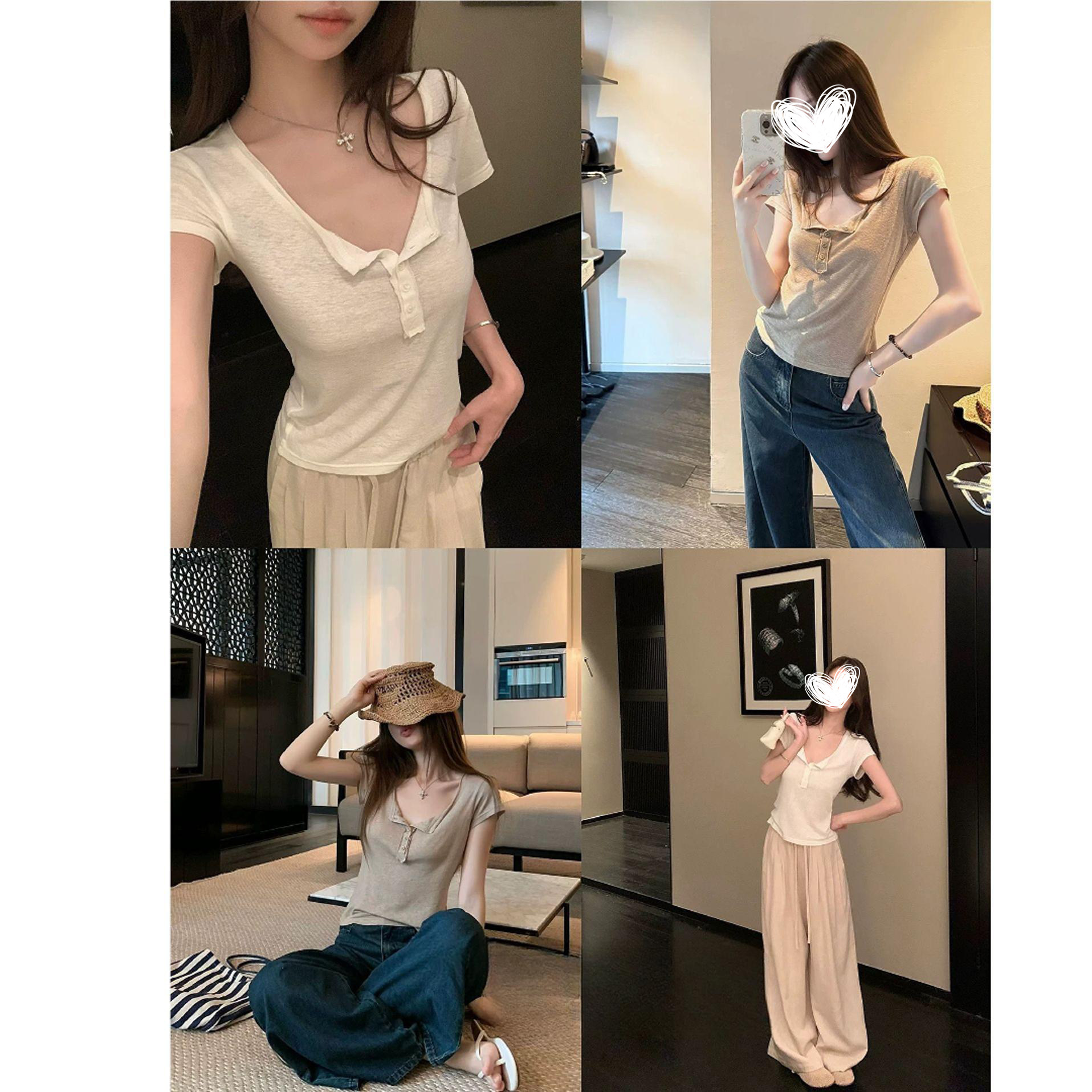 MosesQueen魔西女王休闲半开领短袖t恤百搭正肩显瘦老钱风上衣女