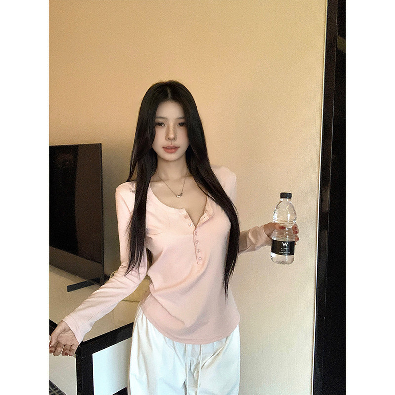 MosesQueen魔西女王粉色正肩长袖t恤女春季半开领内搭打底衫上衣