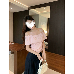 收腰短袖 MosesQueen魔西女王粉色一字肩上衣荷葉邊設(shè)計夏季 t恤女
