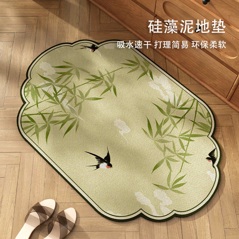 新中式浴室地垫硅藻泥吸水防滑脚垫绿色竹子地毯卫生间洗澡间脚垫