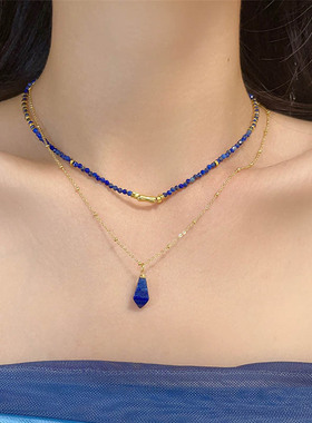 新款小众天然青金石锥形项链 国风蓝色串珠碎银子锁骨链 颈链