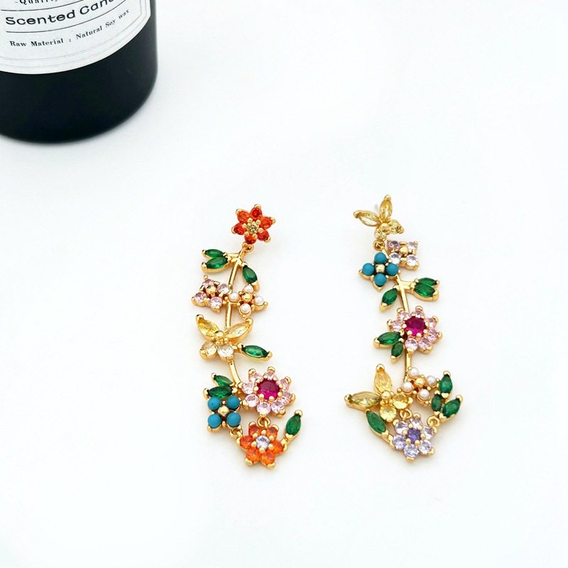 法式复古彩色锆石花朵耳坠不对称长款耳钉质感气质优雅耳饰女,饰品/流行首饰/时尚饰品新,耳环,淘宝优惠券,粉丝福利购,淘宝优惠卷