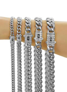 饰品项链钢色加密锆石钻扣古巴链钛钢男士项链6-14mm男士不锈钢