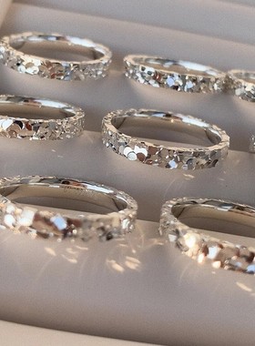 足银9999三面碎冰冰闭口戒指女轻奢高级感爆闪纯银指环潮CNC精工