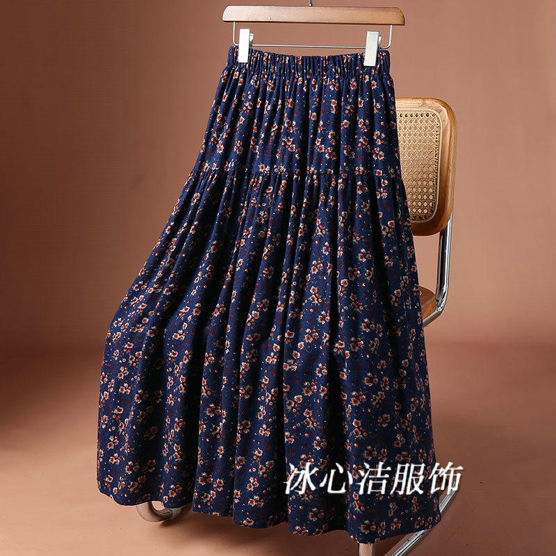 复古磨毛碎花半身裙棉女春秋2025新款小个子显瘦A字裙子花裙长裙