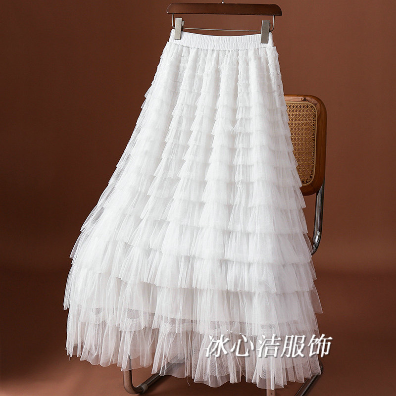 流行爆款层层网纱半身裙女2025秋冬新款白色超仙纱裙子蛋糕长裙