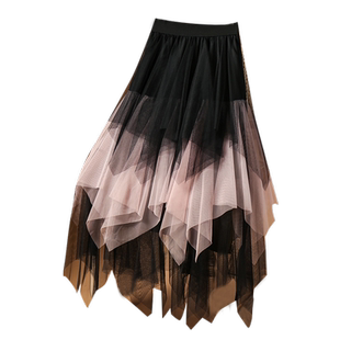 设计感撞色不规则网纱半身裙女2025新款小个子蓬蓬纱裙半裙长裙