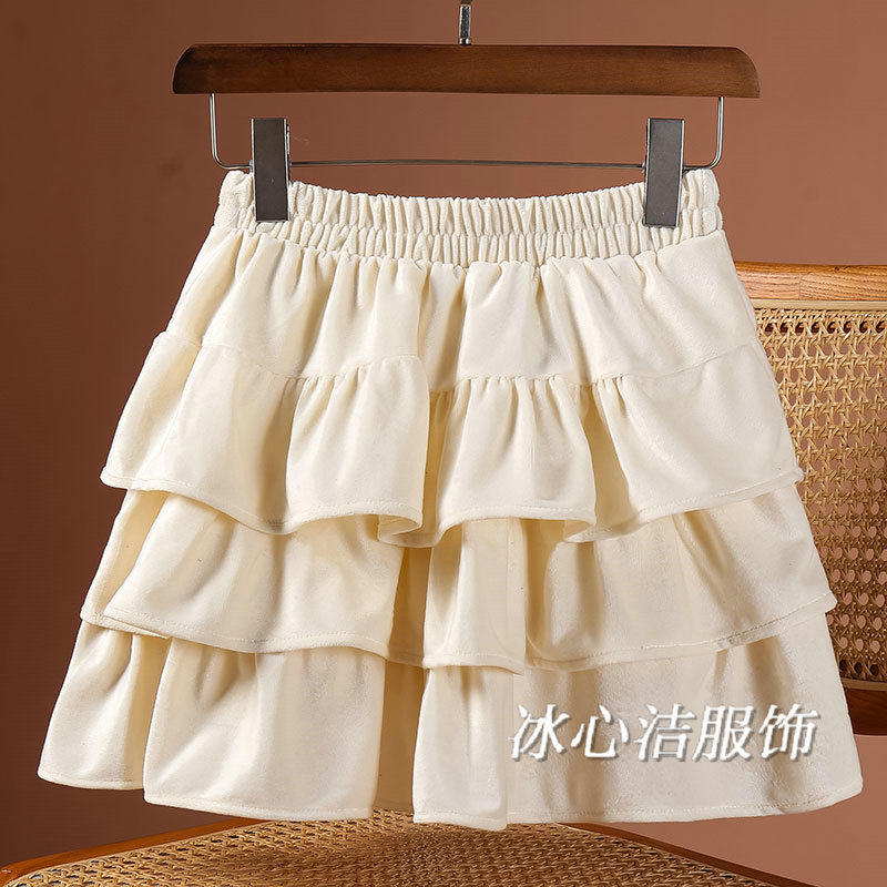 秋冬荷叶边丝绒蛋糕裙半身裙女2025新款高腰显瘦小个子短裙伞裙