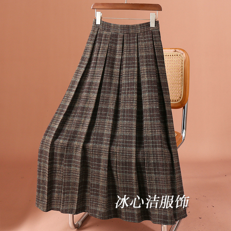 秋冬高级加厚格子毛呢百褶半身裙女冬季2025新款裙子冬裙长裙冬天
