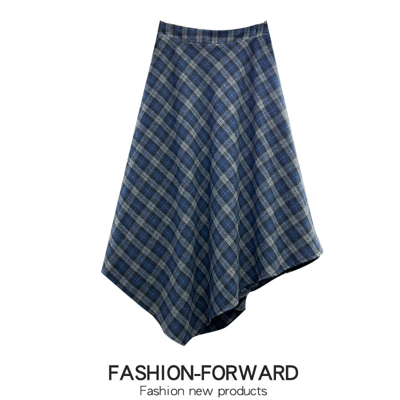 春季不规则蓝色格子毛呢半身裙女秋冬2026新款裙子格纹伞裙冬裙