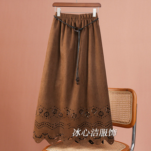 冬季复古美拉德镂空系带半身裙女秋冬2025新款麂皮绒A字裙子长裙