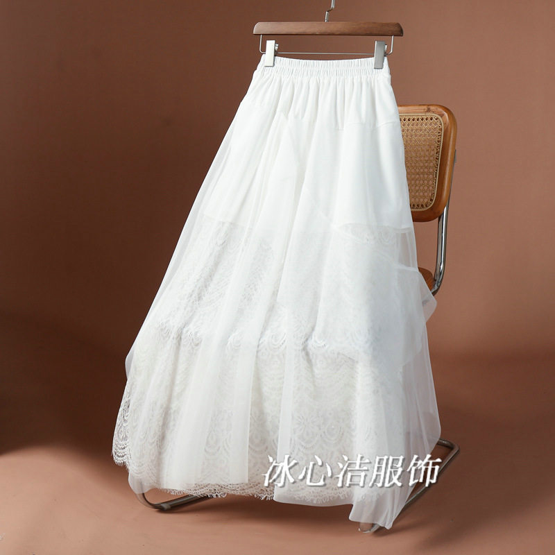 独特小众蕾丝拼接白色长裙夏季2025新款不规则裙摆巨好看半身裙