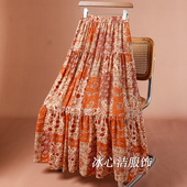 波西米亚印花雪纺碎花半身裙女夏季 2025新款 度假风沙滩蛋糕长裙子