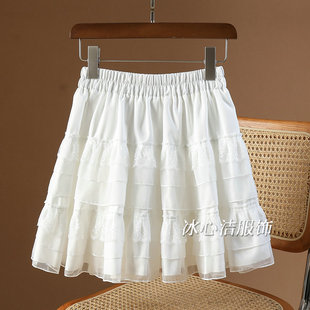 春季白色蕾丝拼欧根纱蛋糕裙半身裙女秋冬小个子A字蓬蓬裙子短裙