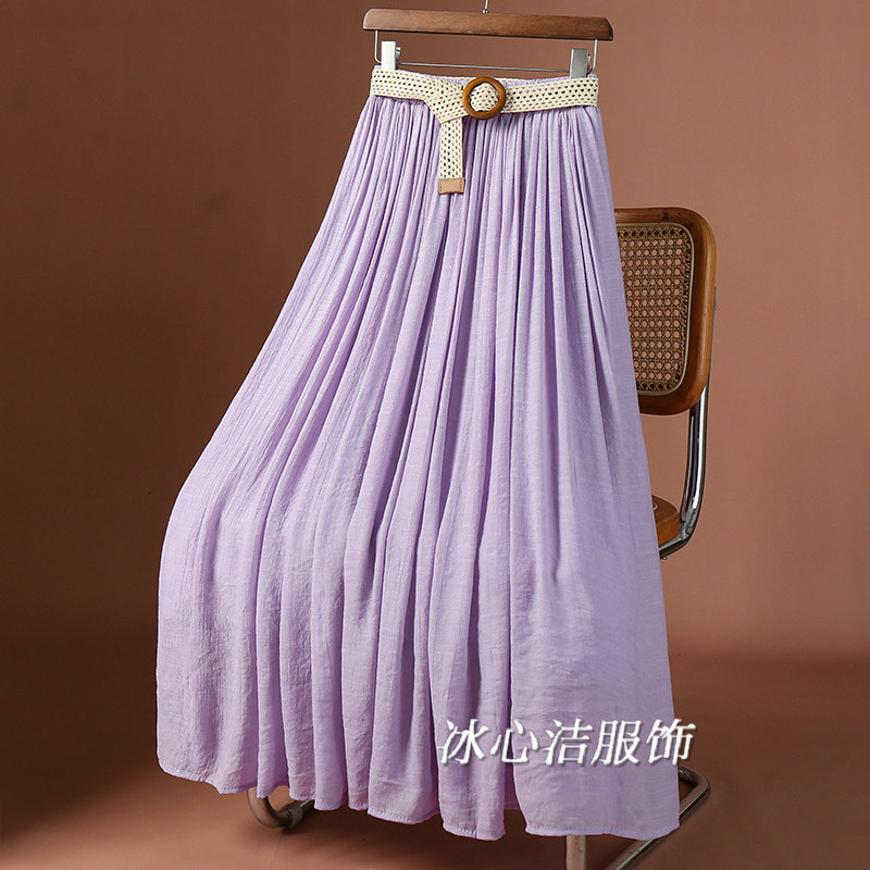 紫色垂感大摆仿棉麻长款半身裙女夏季2025新款高腰显瘦A字裙子长