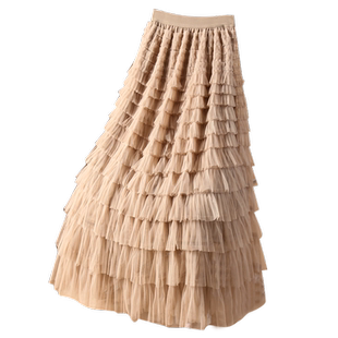 秋冬高级感白色长款纱裙网纱蛋糕裙半身裙女2025新款蓬蓬裙子长裙