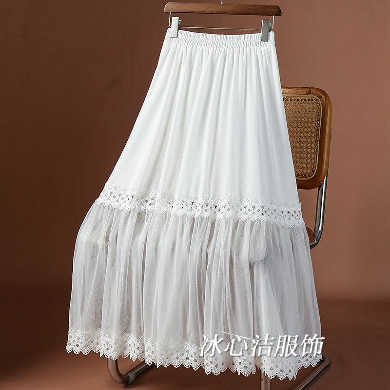 超仙白色A字网纱半身裙女2025夏新款高腰显瘦中长款拼接大摆纱裙