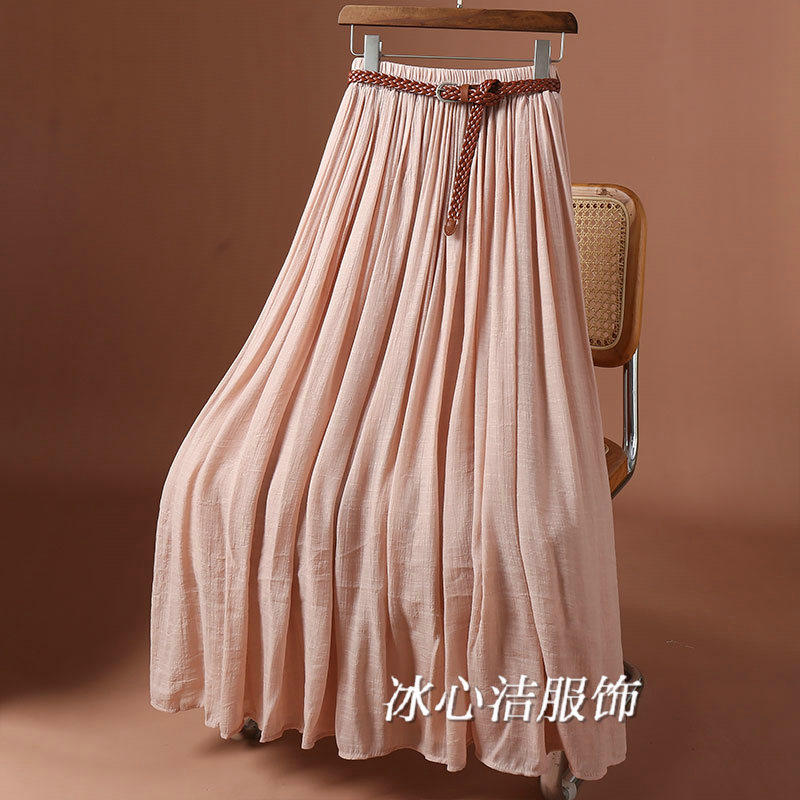 新中式复古仿棉麻垂感大摆半身裙女2025新款长款百褶裙子长裙腰带
