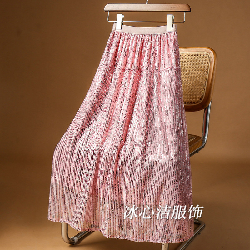 高级感重工亮片网纱半身裙女秋冬2025新款黑色裙子长裙纱裙伞裙