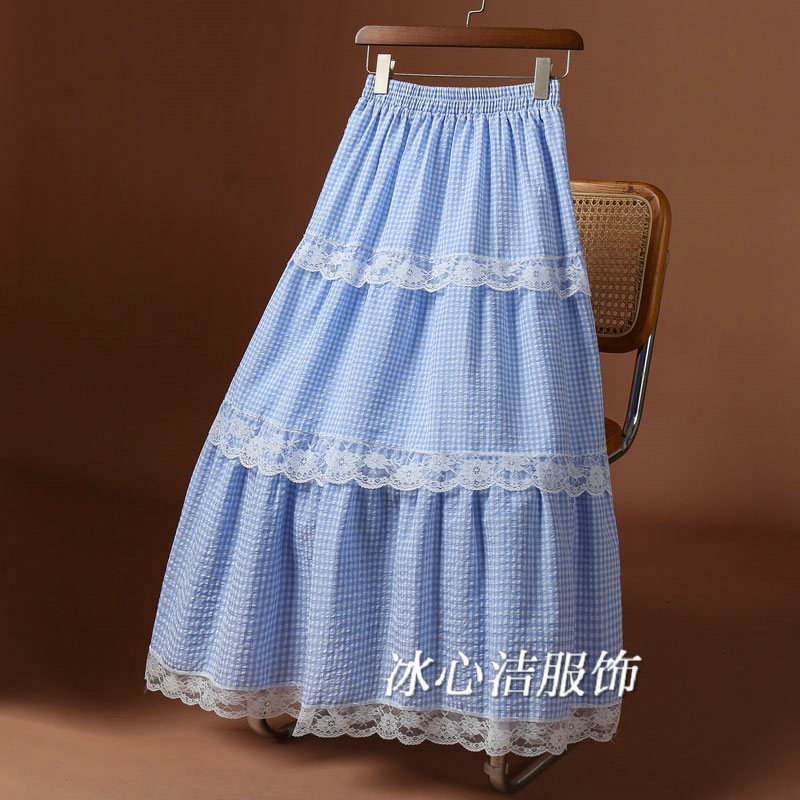 蕾丝花边拼接黑白格子蛋糕裙