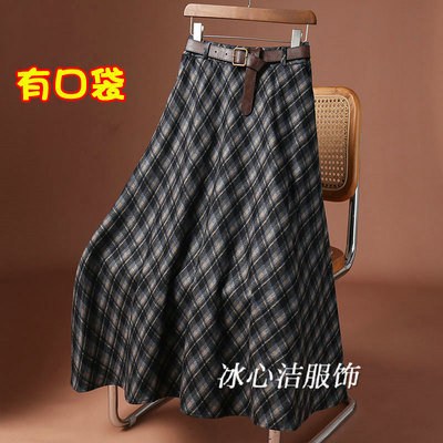 复古有口袋格子半身裙