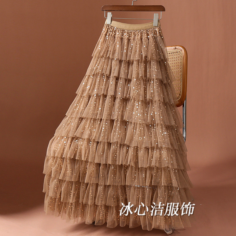 冬季重工闪闪亮片网纱蛋糕裙半身裙女秋冬2025新款纱裙长裙子冬裙,女装/女士精品,半身裙,淘宝优惠券,粉丝福利购,淘宝优惠卷