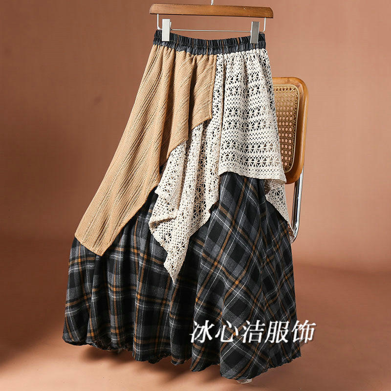复古格纹不规则毛呢半身裙女秋冬2025新款格子伞裙显瘦裙子长裙