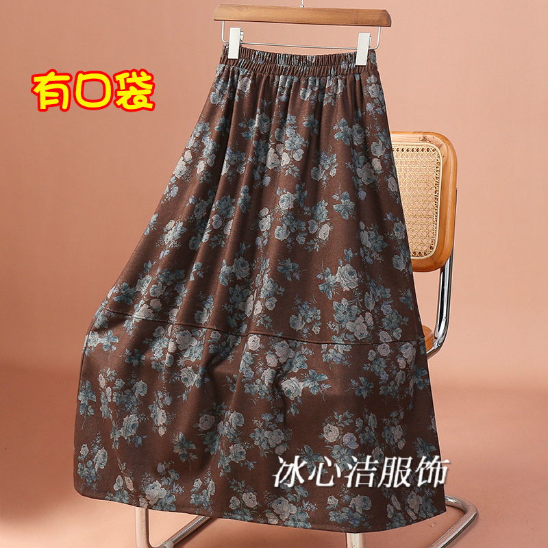 秋冬复古中式国风印花半身裙女秋季2025新款中长款裙A字大摆伞裙